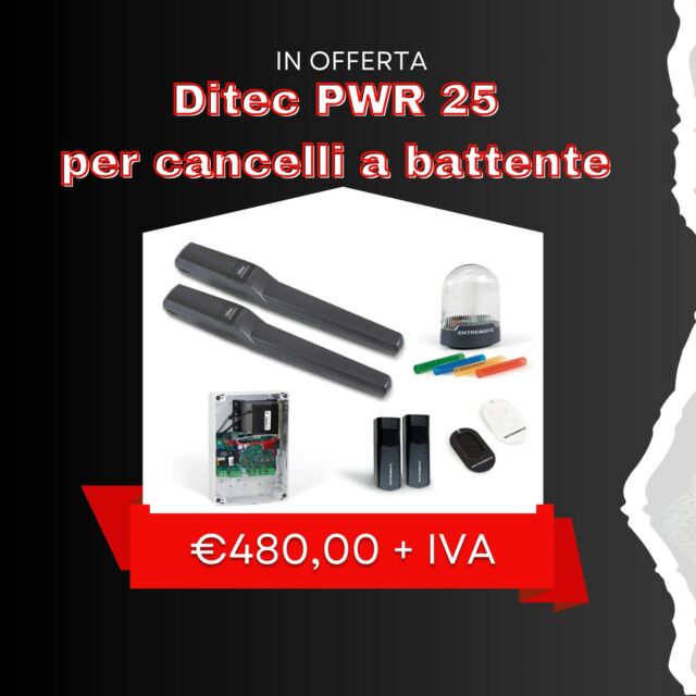 🛩️⚙️🎁 Offerta DITEC 

Serie completa che si compone di: due motori per anta fino a 2,5 m (Ditec PWR 25) a 24 Vcc + 1 quadro di comando LCU30H con ricevitore radio incorporato 433 MHz + 1 coppia di fotocellule LIN2 + 2 telecomandi rolling code + 1 lampeggiante FL24 completo di antenna

Per maggiori informazioni contattateci.

💻 www.videosicurezzanew.it

📞 +39 0975 21421

#Videosicurezza #ditec #ditecautomations #automazione #cancelliabattente #cancelliautomatici