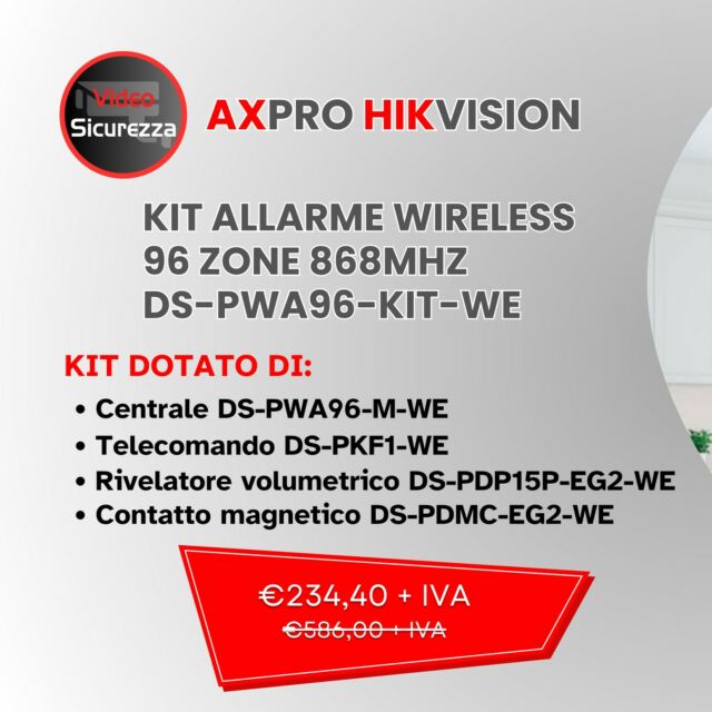 🛩️⚙️🎁 𝗢𝗳𝗳𝗲𝗿𝘁𝗮 𝐀𝐗𝐏𝐑𝐎 𝐇𝐈𝐊𝐕𝐈𝐒𝐈𝐎𝐍 𝗩𝗔𝗟𝗜𝗗𝗔 𝗙𝗜𝗡𝗢 𝗔𝗟 𝟮𝟵/𝟬𝟮/𝟮𝟬𝟮𝟰

Antifurto Hikvision AX PRO Kit Allarme Wireless 96 zone 868Mhz DS-PWA96-Kit-WE.
Il kit comprende:
• 1 centrale radio 96 zone (con modulo 4g incluso)
• 1 rilevatore PIR
• 1 contatto magnetico
• 1 telecomando
Per maggiori informazioni contattateci.
💻 www.videosicurezzanew.it
📞 +39 0975 21421

#Videosicurezza #hikvisionitalia #videosorveglianza #allarme #antifurto #antifurtocasa #axpro #axprohikvision #hikvision #hikvisioncamera #hikvision_cctv #HIKvisionTechnology #hikvisionitaly